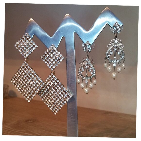 Curated Bundle 2 Long Dazzling Cocktail Formal Evening Dangle Drop Earrings. - Picture 1 of 6